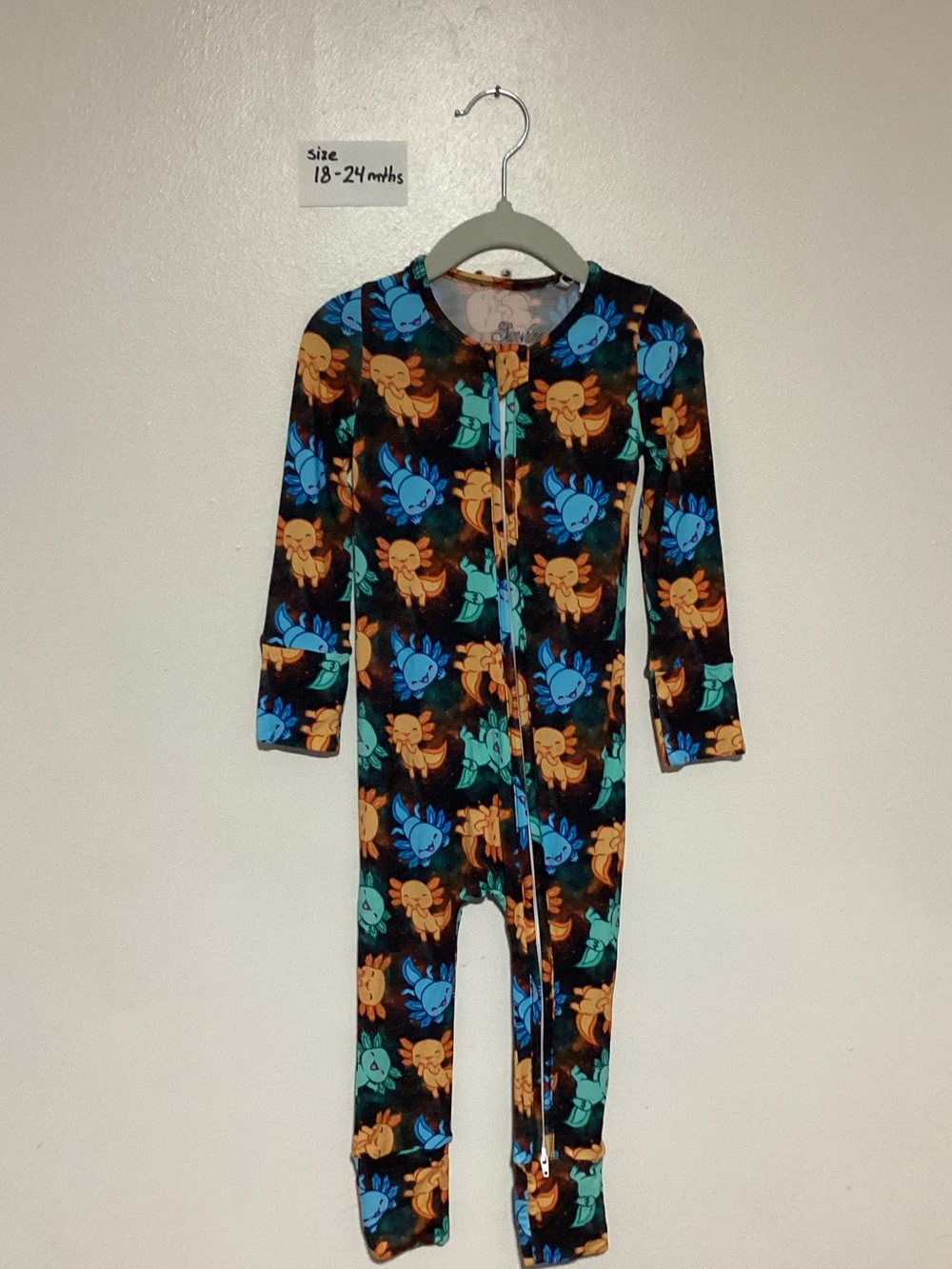 Kids One-Piece Zippie in Black with Blue & Orange Print